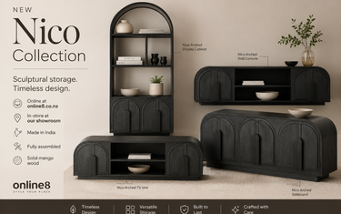Luxury matte black arch furniture styled interior — Nico collection at Online8 Auckland
