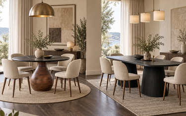 Round Orb dining table compared with the rectangular Contour dining table. online8 NZ