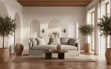 Illustrated NZ living room featuring a curved linen sofa, light oak coffee table, and muted sage green accents with warm neutral tones