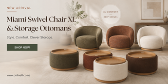 Modern living room banner featuring Miami Swivel Chair XL armchairs and matching storage ottomans in olive, rust, cream, and mocha tones with hidden storage, curved contemporary design, and 360-degree swivel bases.