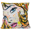 Pop art velvet cushion with a comic-style blonde portrait, 550 x 550mm