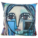 Cubist face velvet cushion in blue, black and white, 550 x 550mm