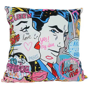 Comic strip style velvet cushion with speech bubbles and lettering, 550 x 550mm