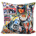 Graffiti glamour velvet cushion with dark ground and gold lettering, 550 x 550mm