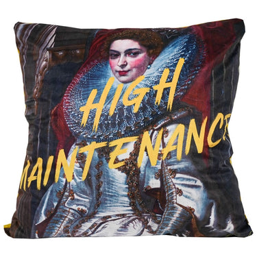 Old master portrait velvet cushion with High Maintenance slogan, 550 x 550mm