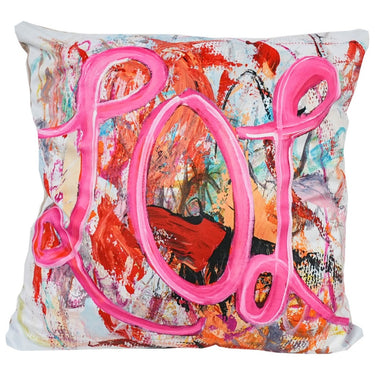 Abstract velvet cushion with Pop lettering in hot pink, 550 x 550mm