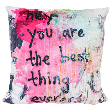 Script velvet cushion reading hey you are the best thing ever, 550 x 550mm