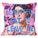 Slogan velvet cushion reading It's A Beautiful Day To Leave Me Alone, 550 x 550mm