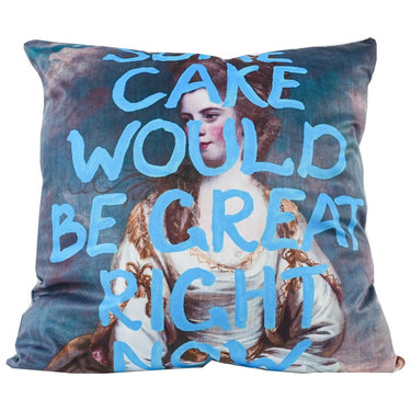 Slogan velvet cushion reading Some Cake Would Be Great Right Now, 550 x 550mm