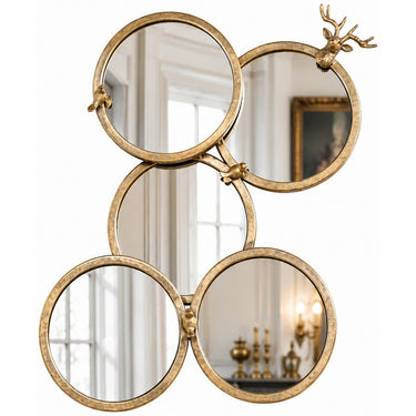 Antique gold metal cluster wall mirror of four round mirrors with stag head detail, 530 x 690mm