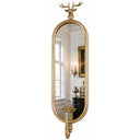Elongated antique gold metal wall mirror with stag head and candle holder, 615mm high