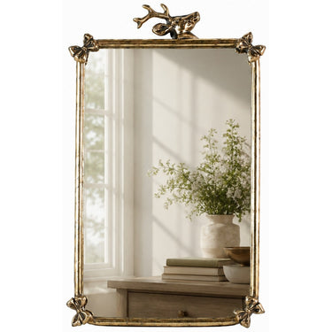 Rectangular antique gold metal wall mirror with branch-style frame and decorative crest, 350 x 560mm