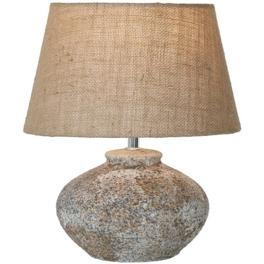 Grey stone ceramic table lamp with natural hessian shade, 340mm, at Online8 Furniture Auckland NZ
