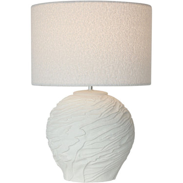 White ceramic table lamp with white boucle shade, 610mm, at Online8 Furniture Auckland NZ
