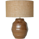Brown gloss ceramic table lamp with natural hessian shade, 610mm, at Online8 Furniture Auckland NZ
