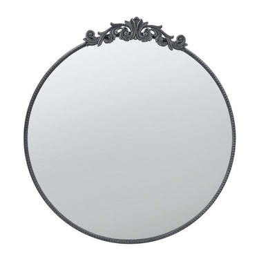 Black metal round wall mirror with baroque crest, 830mm wide x 930mm high