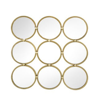 Gold metal wall mirror made of nine round mirrors in a square grid, 690 x 690mm