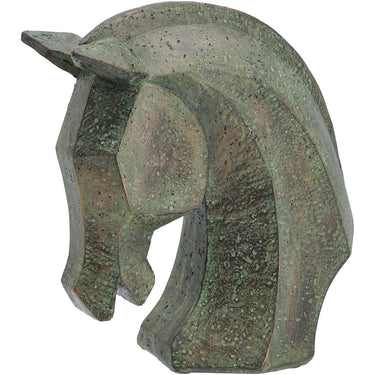 Faceted horse head sculpture in verdigris green, 210mm tall