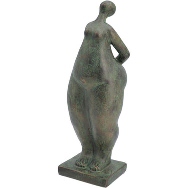 Standing lady figurine in verdigris green, 300mm tall on a square plinth