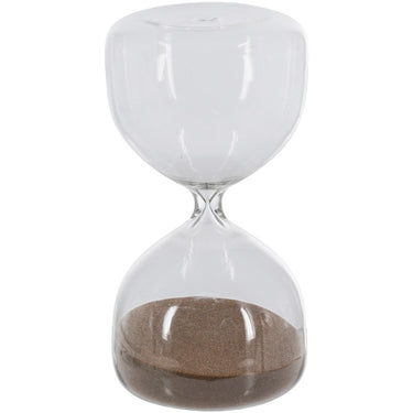Clear glass hourglass with mocha sand, 165mm tall, frameless design