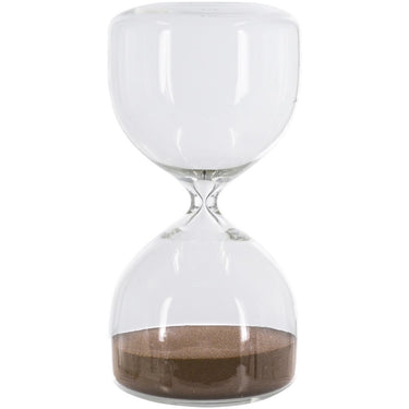 Clear glass hourglass with mocha sand, 203mm tall, frameless design