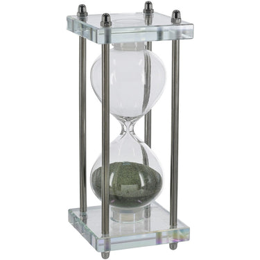 Green sand hourglass in a polished metal frame with glass plates, 198mm tall