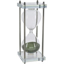 Green sand hourglass in a polished metal frame with glass plates, 250mm tall