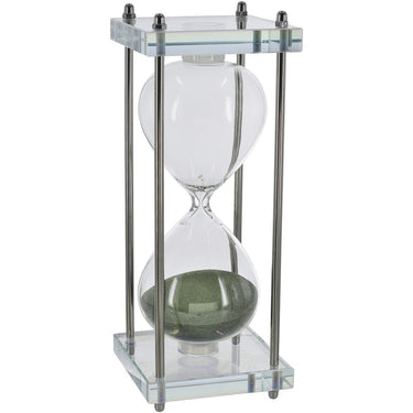 Green sand hourglass in a polished metal frame with glass plates, 250mm tall