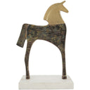 Horse sculpture in antiqued brass and marble, 343mm tall, on a white marble plinth