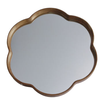 Walnut round squiggle wall mirror with wavy edge, 800mm