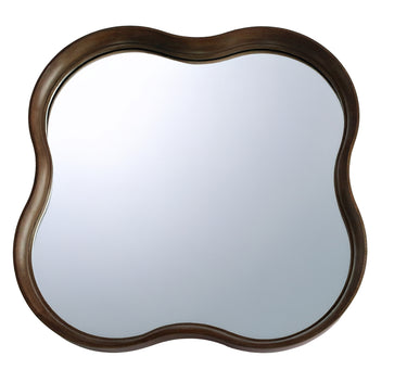 Walnut square squiggle wall mirror with four-lobed wavy outline, 800mm