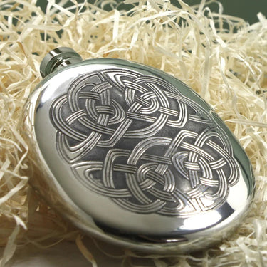 6oz Oval Sporran Pewter Hip Flask with Intricate Celtic Design at Online8 Furniture Auckland NZ