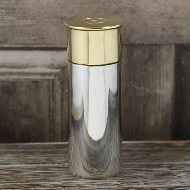 6oz Pewter Shotgun Cartridge Hip Flask with Brass Lid at Online8 Furniture Auckland NZ