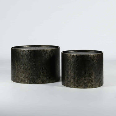 Drum coffee tables in antique gold iron, set of two