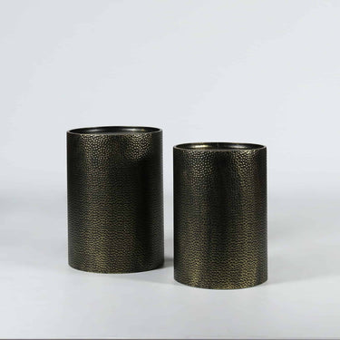 Drum side tables in antique gold iron, set of two