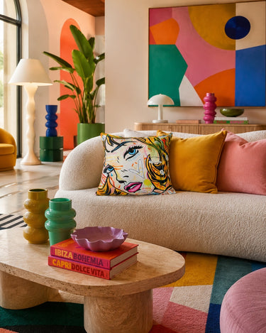 Detail of the printed velvet pile on the pop art cushion