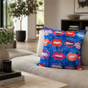 Detail of the painted lips motif on velvet