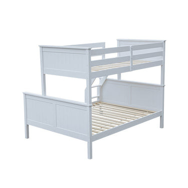 A light gray painted wooden bunk bed frame with a built-in ladder, shown on a plain white background.