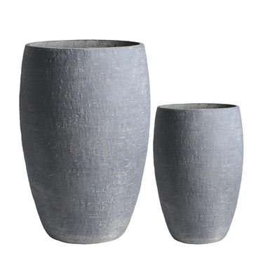 Two textured gray decorative planters in different sizes, shown on a plain white background.