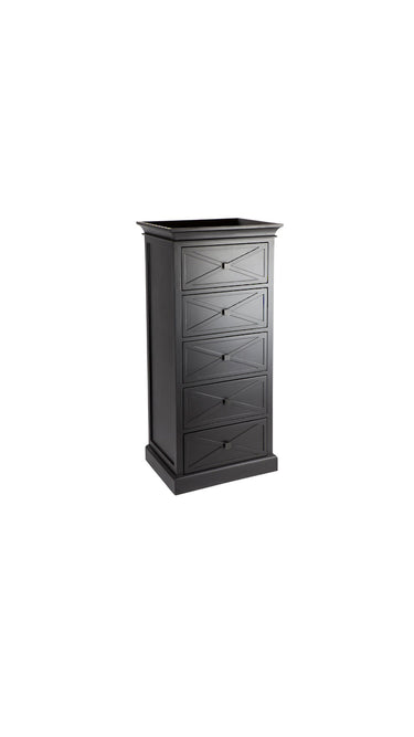 Island Life 5 Drawer Tallboy in black, angled view