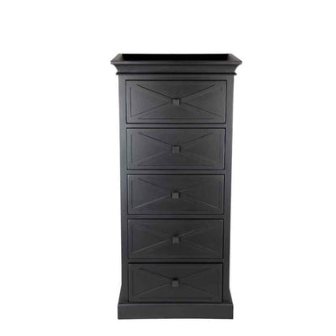 Island Life 5 Drawer Tallboy in black, 600mm wide and 1300mm tall with antique brass handles