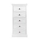 Island Life 5 Drawer Tallboy in white, 600mm wide and 1300mm tall with antique brass handles