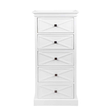 Island Life 5 Drawer Tallboy in white, 600mm wide and 1300mm tall with antique brass handles