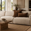 Camel brown velvet lumbar cushion detail