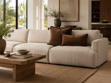 Camel brown velvet lumbar cushion detail