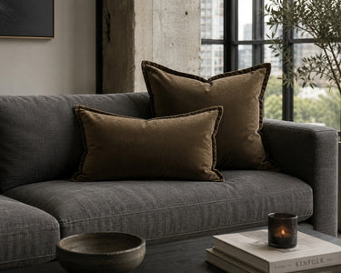 Olive velvet lumbar cushion detail
