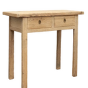 A rustic light oak wood writing desk with two drawers and small metal ring pulls, shown on a plain white background.
