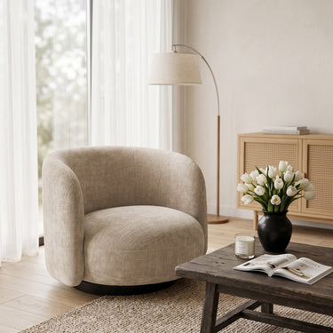 Harlow Swivel Chair in oatmeal in an interior setting