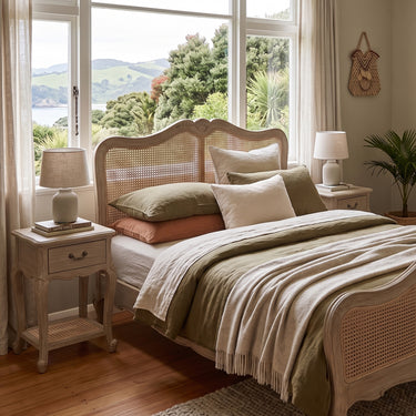 Monte Cristo Bedside Table in natural, styled in a bedroom