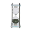 Detail of the metal post and glass plate frame on the green sand hourglass